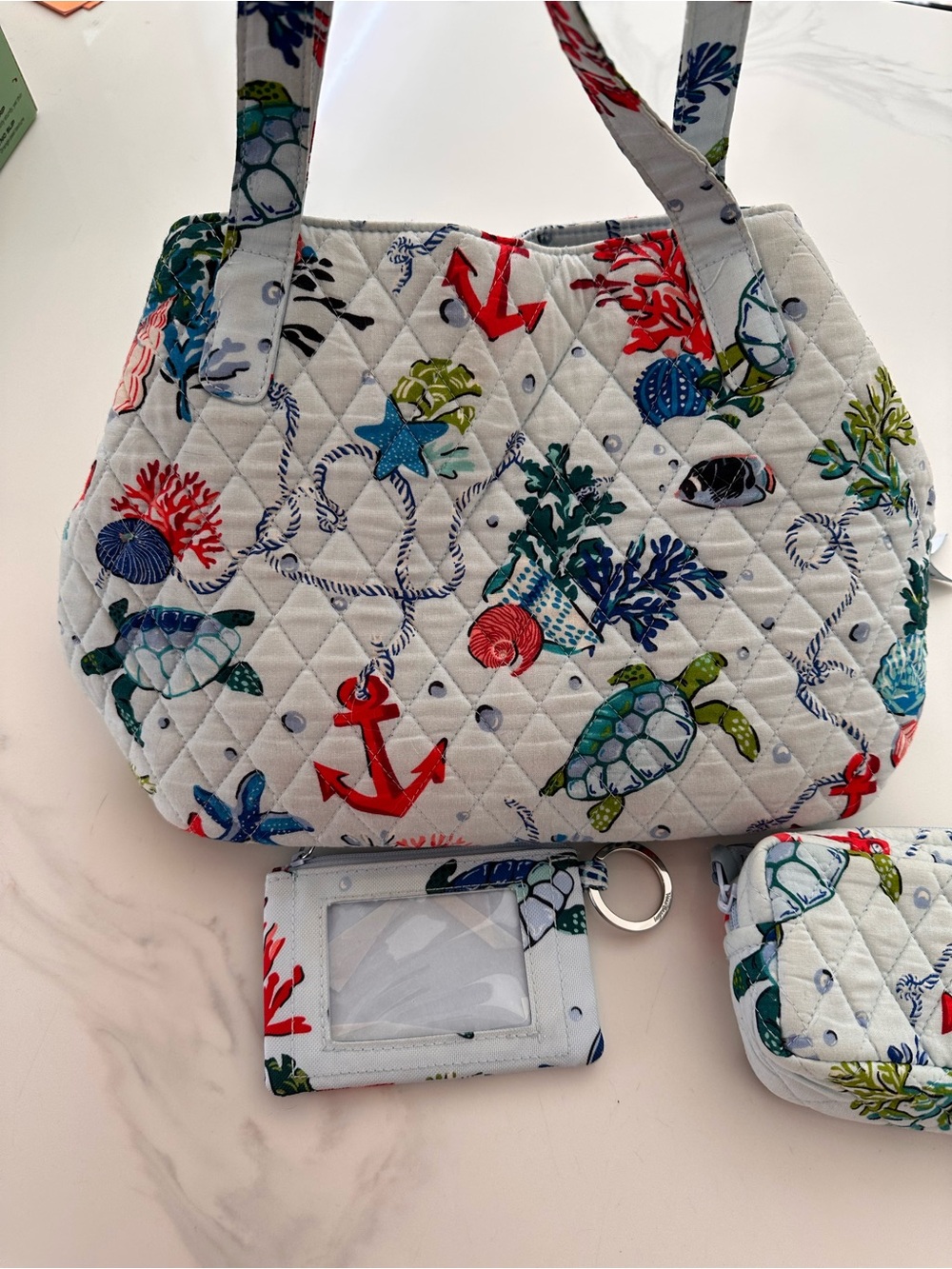 Vera Bradley Quilted Sea Life Tote in White with Red and Blue Accents